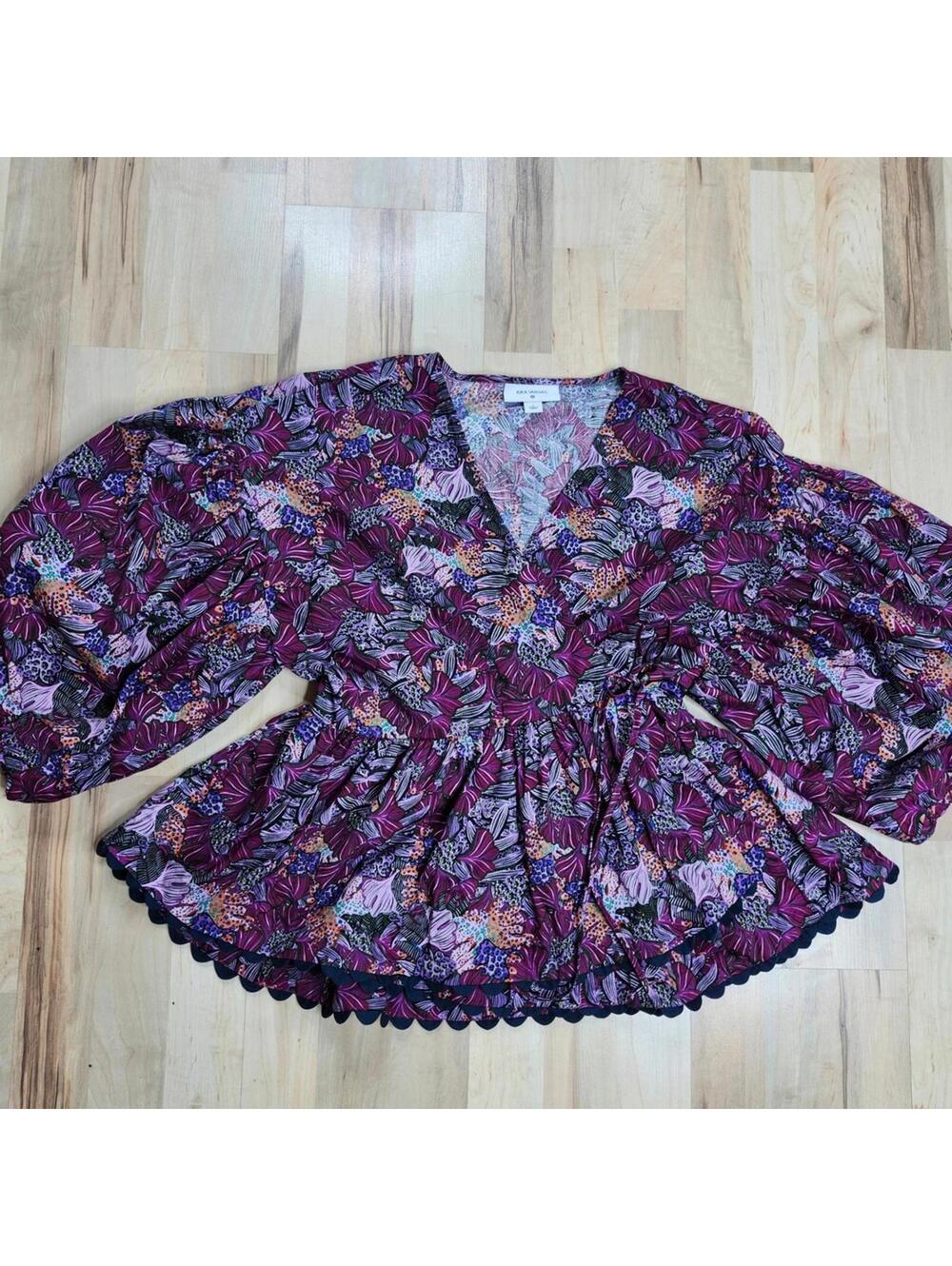 Kika Vargas Floral Peplum Blouse Medium Statement Sleeve 100% Cotton